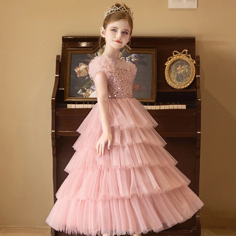 Baby Clothing Girls - Uzun Elbise 2025 Pembe Simli Kız